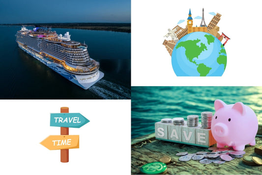 Cover collage for Money‑Saving Tips for First‑Time Cruisers: cruise ship at sea, globe with famous landmarks, ‘Travel Time’ sign, and pink piggy bank with coins spelling SAVE.