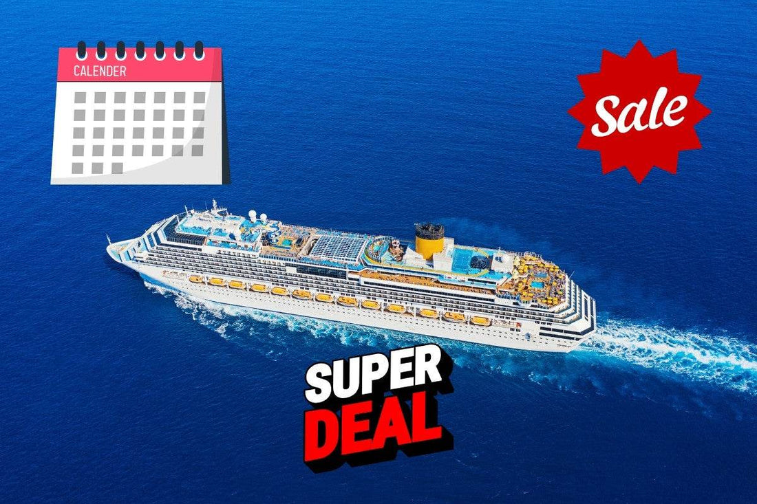 Cruise ship on a blue ocean with 'Super Deal' and 'Sale' text overlay representing the best time to book a cruise deal