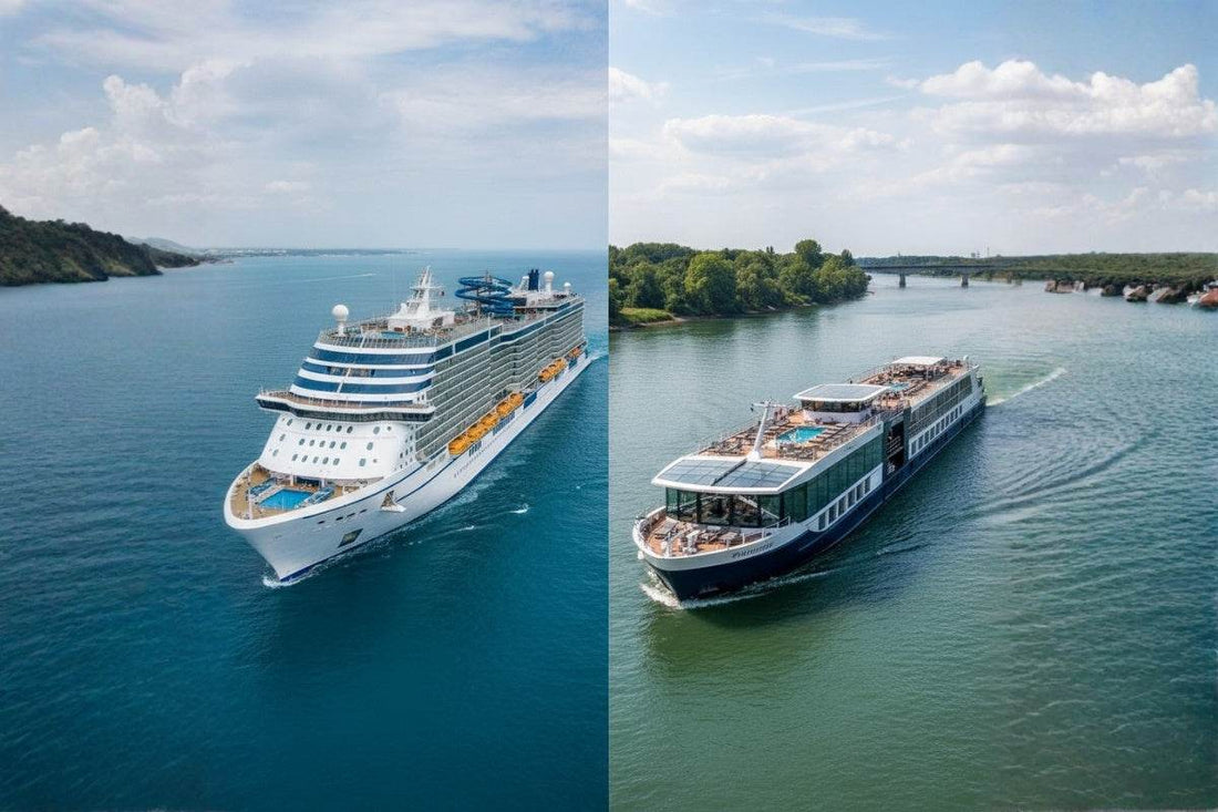 Side-by-side comparison of river cruise ship and ocean cruise ship size